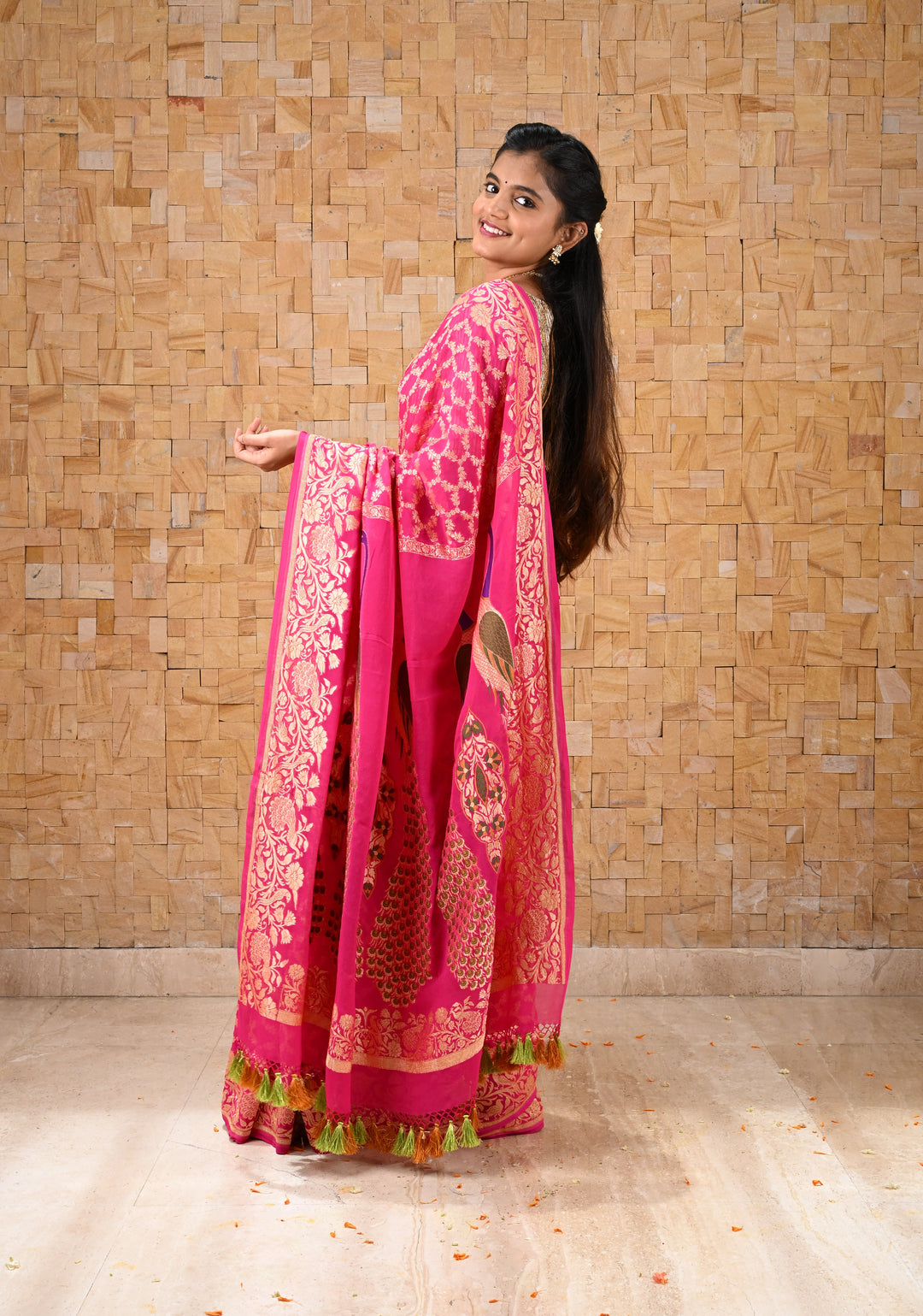 Pink Banarasi Silk Georgette Saree with Jaal Zari and Resplendent Peacock Meenakari Pallu | SILK MARK CERTIFIED