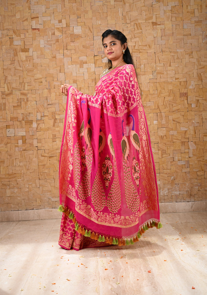Pink Banarasi Silk Georgette Saree with Jaal Zari and Resplendent Peacock Meenakari Pallu | SILK MARK CERTIFIED