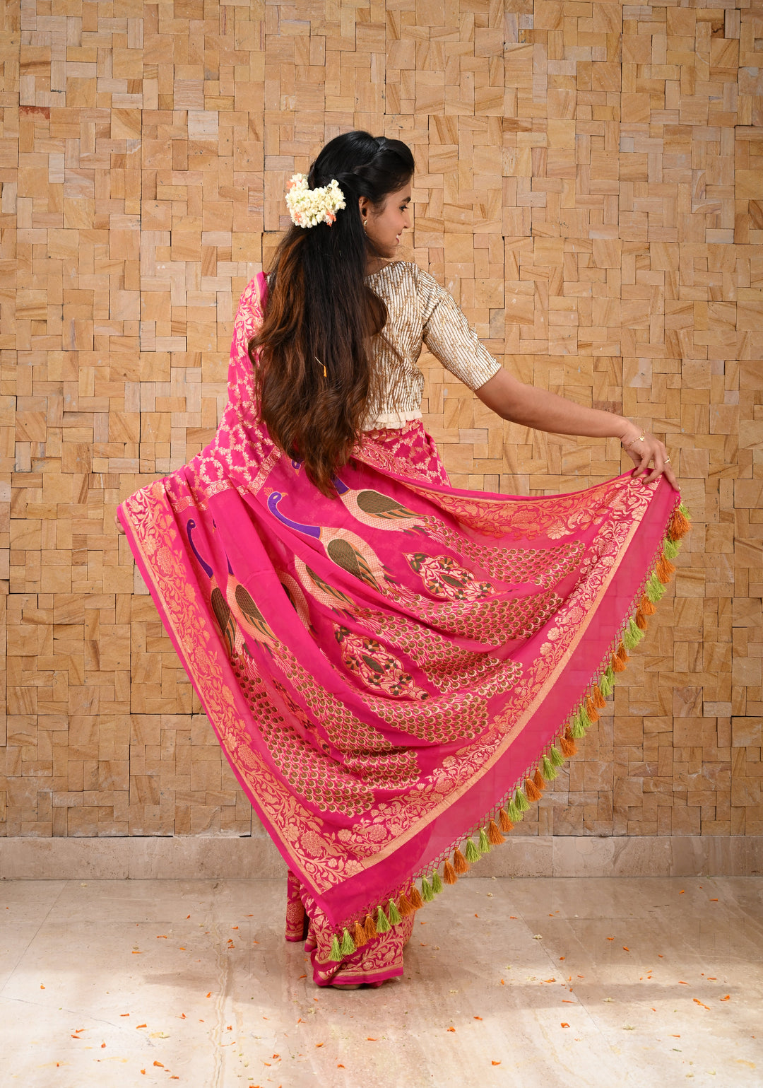 Pink Banarasi Silk Georgette Saree with Jaal Zari and Resplendent Peacock Meenakari Pallu | SILK MARK CERTIFIED