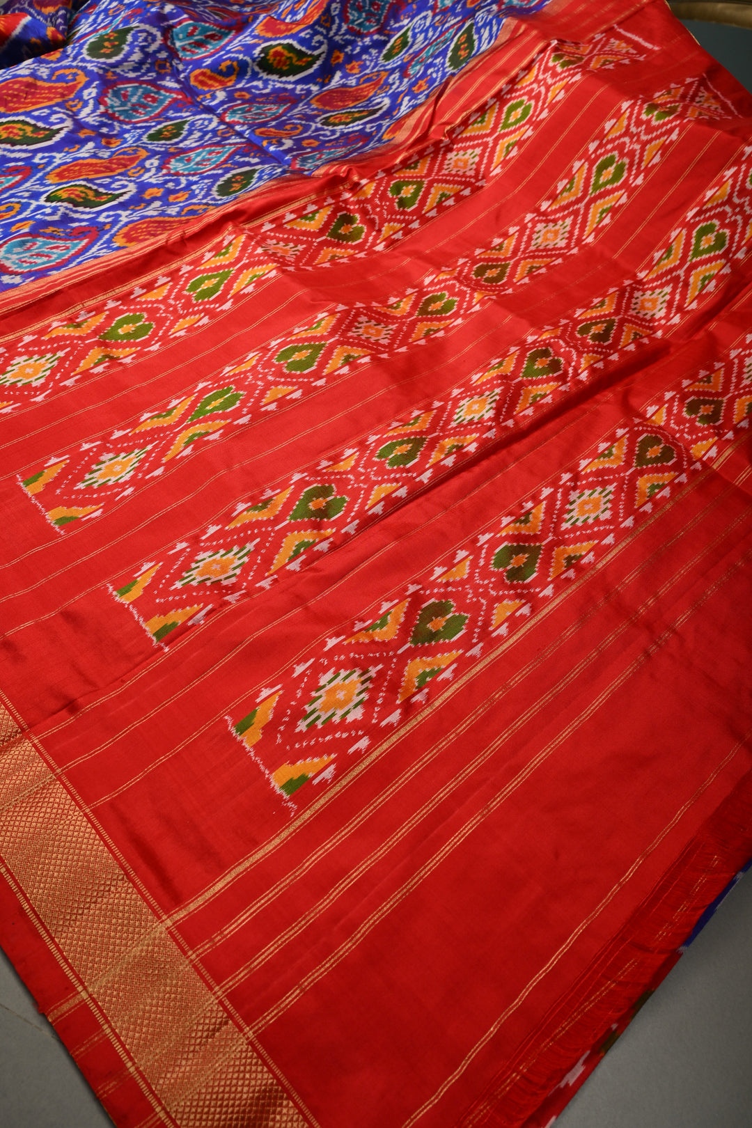 Royal Blue Pochampally Ikkat Pure Silk Saree with Pashmina Brocade and Crane Birds Panel Contrast Zari Border  | SILK MARK CERTIFIED | SHOBITAM