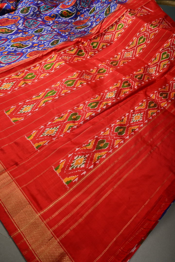 Royal Blue Pochampally Ikkat Pure Silk Saree with Pashmina Brocade and Crane Birds Panel Contrast Zari Border  | SILK MARK CERTIFIED | SHOBITAM
