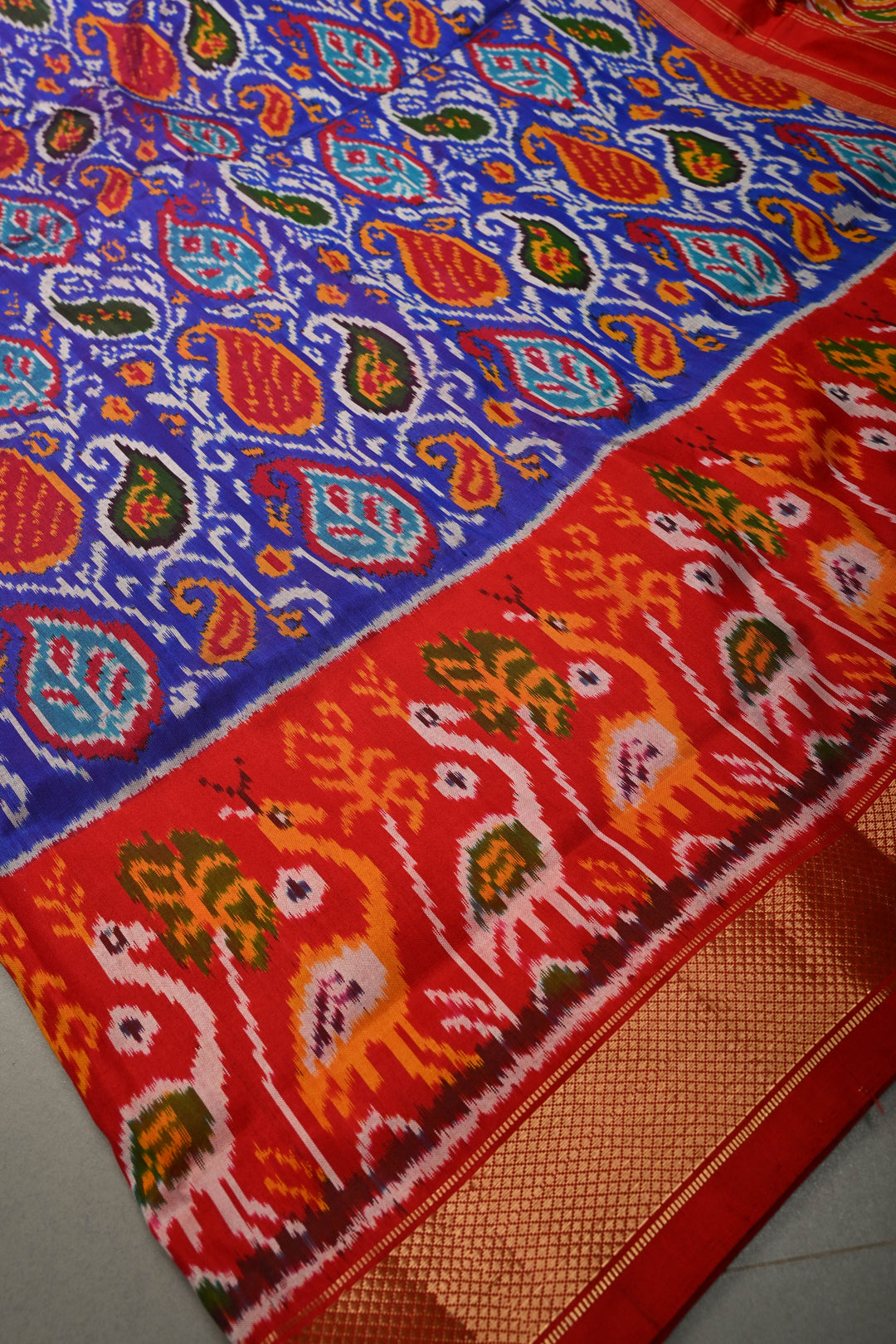 Royal Blue Pochampally Ikkat Pure Silk Saree with Pashmina Brocade and Crane Birds Panel Contrast Zari Border  | SILK MARK CERTIFIED | SHOBITAM