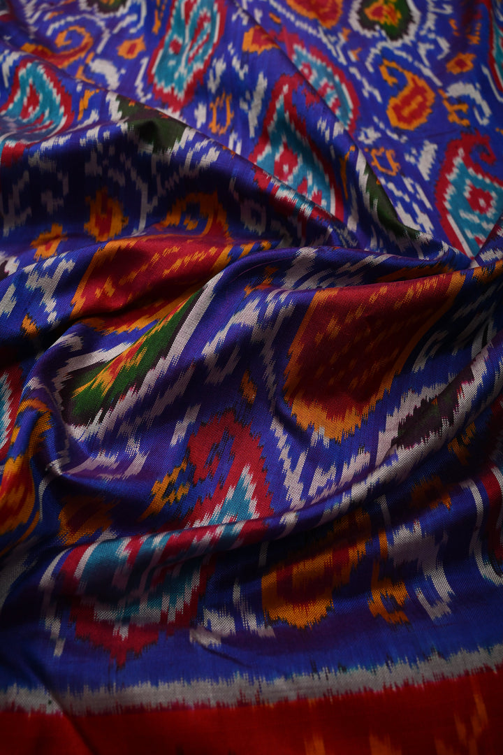Royal Blue Pochampally Ikkat Pure Silk Saree with Pashmina Brocade and Crane Birds Panel Contrast Zari Border  | SILK MARK CERTIFIED | SHOBITAM