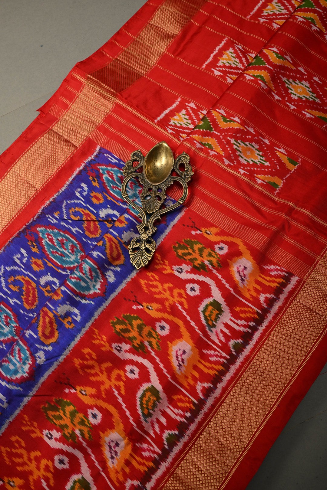 Royal Blue Pochampally Ikkat Pure Silk Saree with Pashmina Brocade and Crane Birds Panel Contrast Zari Border  | SILK MARK CERTIFIED | SHOBITAM
