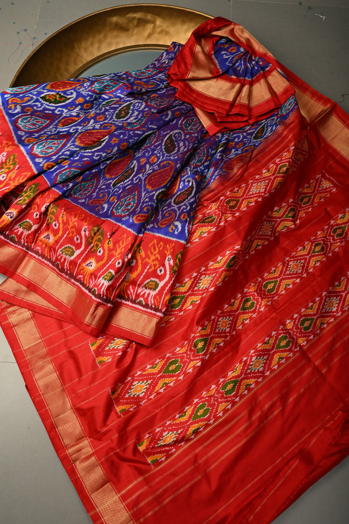 Royal Blue Pochampally Ikkat Pure Silk Saree with Pashmina Brocade and Crane Birds Panel Contrast Zari Border  | SILK MARK CERTIFIED | SHOBITAM