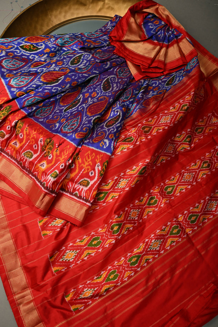 Royal Blue Pochampally Ikkat Pure Silk Saree with Pashmina Brocade and Crane Birds Panel Contrast Zari Border  | SILK MARK CERTIFIED | SHOBITAM