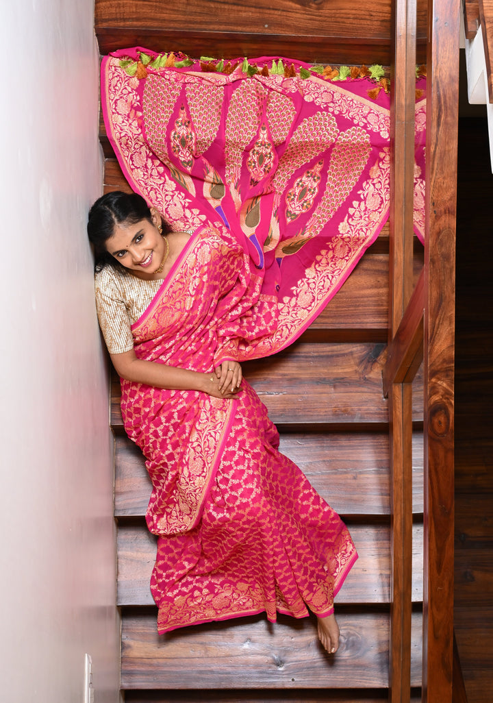 Pink Banarasi Silk Georgette Saree with Jaal Zari and Resplendent Peacock Meenakari Pallu | SILK MARK CERTIFIED