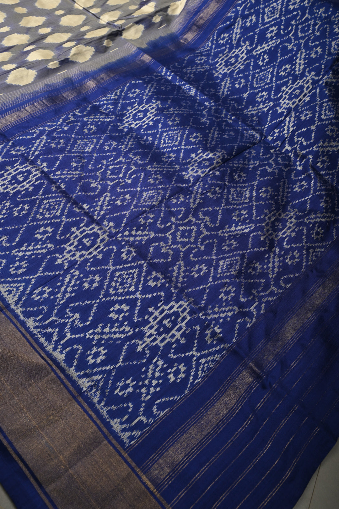 Blue-Cream Dual tone Pochampally Ikkat Pure Silk Saree with Buttas Brocade and Tissue Zari Border  | SILK MARK CERTIFIED | SHOBITAM