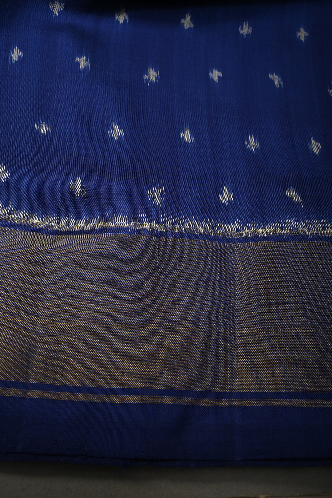 Blue-Cream Dual tone Pochampally Ikkat Pure Silk Saree with Buttas Brocade and Tissue Zari Border  | SILK MARK CERTIFIED | SHOBITAM