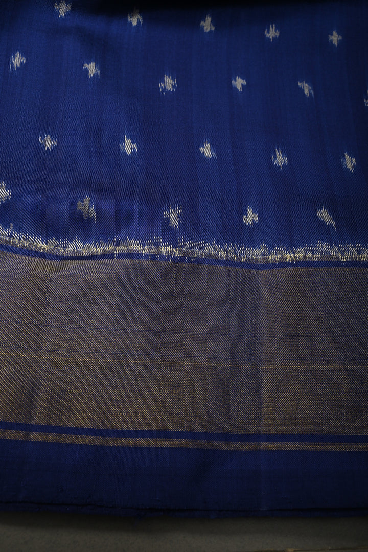 Blue-Cream Dual tone Pochampally Ikkat Pure Silk Saree with Buttas Brocade and Tissue Zari Border  | SILK MARK CERTIFIED | SHOBITAM