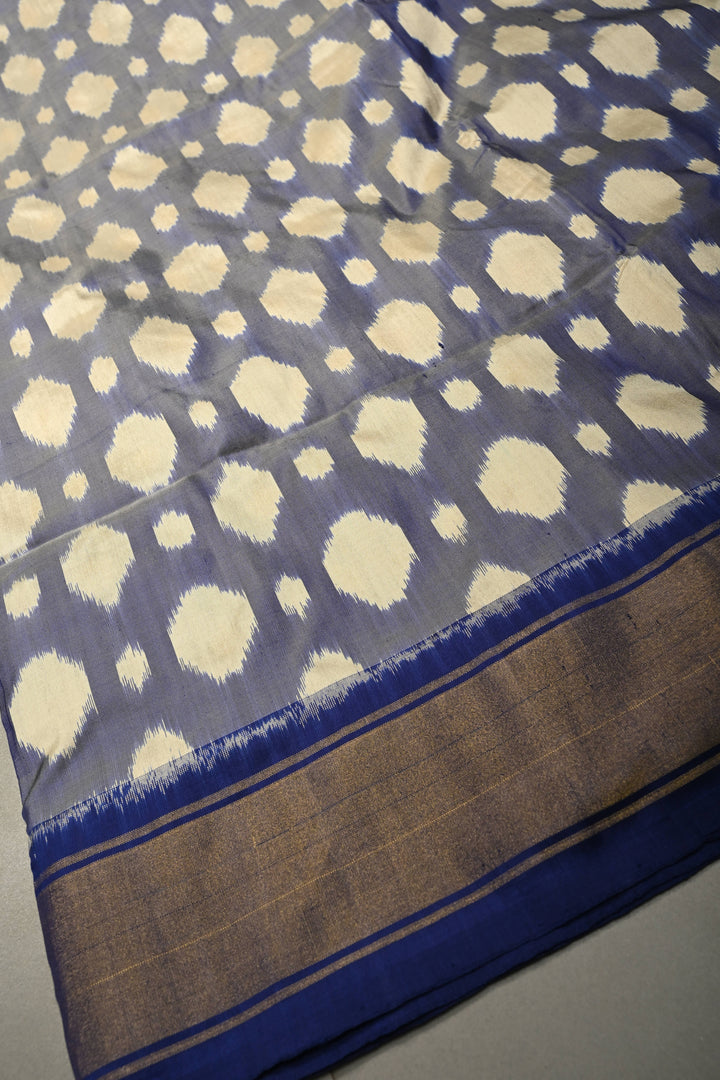 Blue-Cream Dual tone Pochampally Ikkat Pure Silk Saree with Buttas Brocade and Tissue Zari Border  | SILK MARK CERTIFIED | SHOBITAM