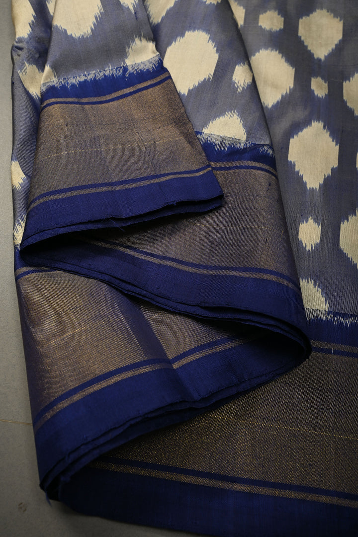 Blue-Cream Dual tone Pochampally Ikkat Pure Silk Saree with Buttas Brocade and Tissue Zari Border  | SILK MARK CERTIFIED | SHOBITAM