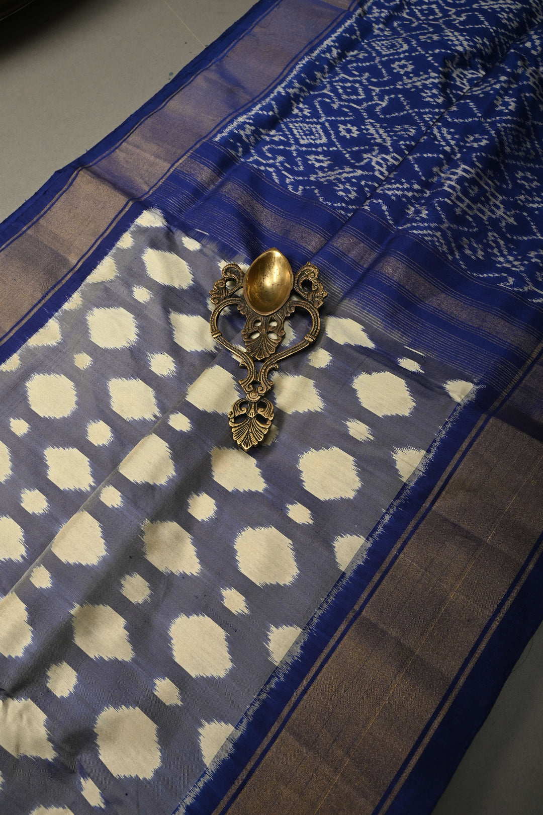 Blue-Cream Dual tone Pochampally Ikkat Pure Silk Saree with Buttas Brocade and Tissue Zari Border  | SILK MARK CERTIFIED | SHOBITAM
