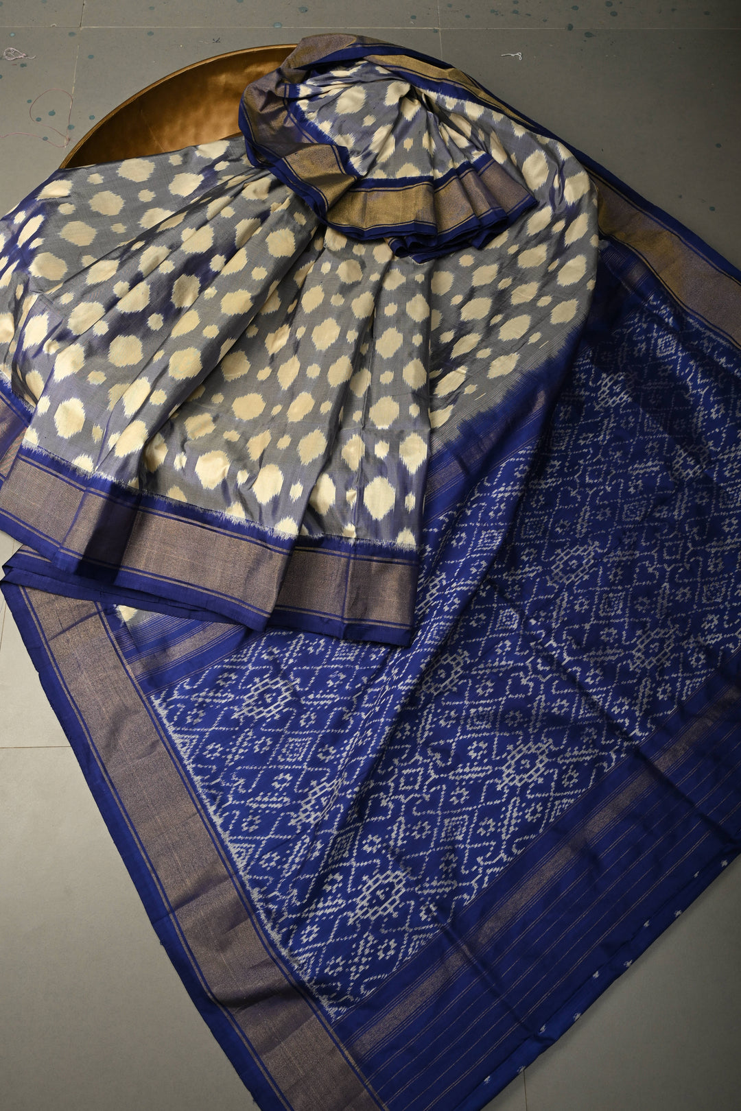 Blue-Cream Dual tone Pochampally Ikkat Pure Silk Saree with Buttas Brocade and Tissue Zari Border  | SILK MARK CERTIFIED | SHOBITAM