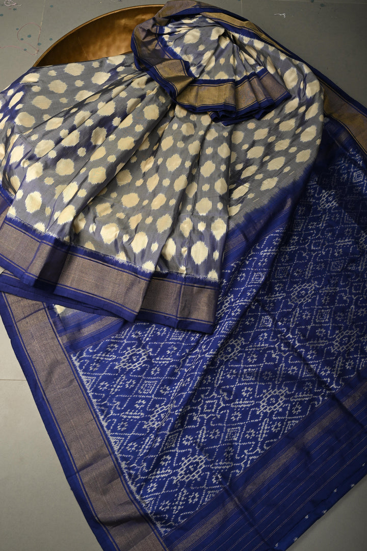 Blue-Cream Dual tone Pochampally Ikkat Pure Silk Saree with Buttas Brocade and Tissue Zari Border  | SILK MARK CERTIFIED | SHOBITAM