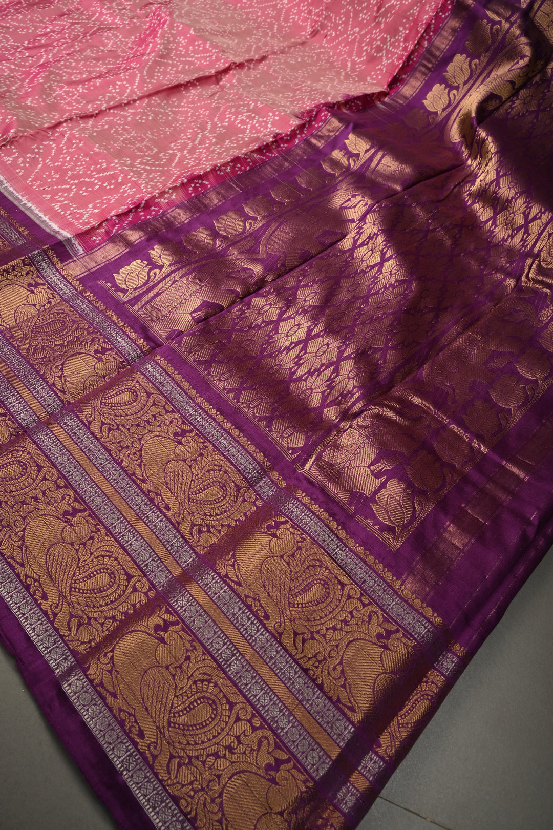 Frost Rose Dual tone Ikkat Kanjivaram Fusion Pure Silk Saree with Twill Design Jaal and Contrast Zari Border  | SILK MARK CERTIFIED | SHOBITAM