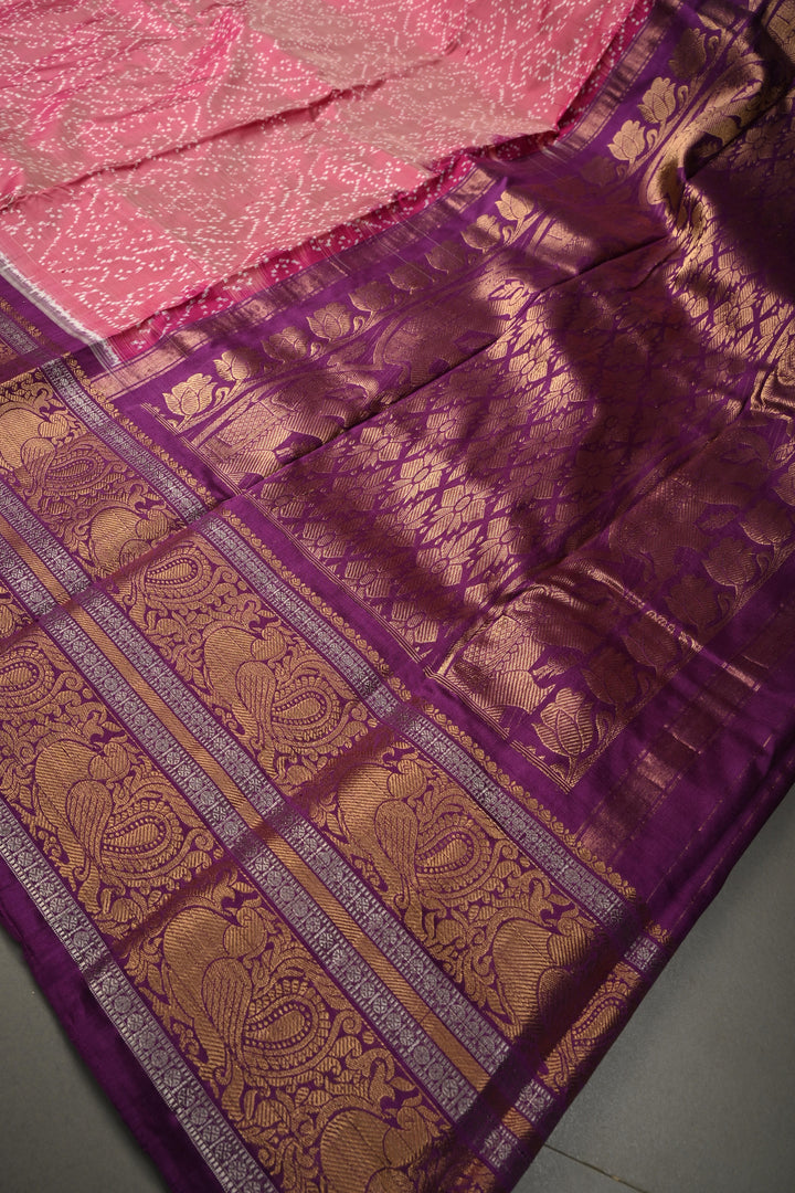 Frost Rose Dual tone Ikkat Kanjivaram Fusion Pure Silk Saree with Twill Design Jaal and Contrast Zari Border  | SILK MARK CERTIFIED | SHOBITAM