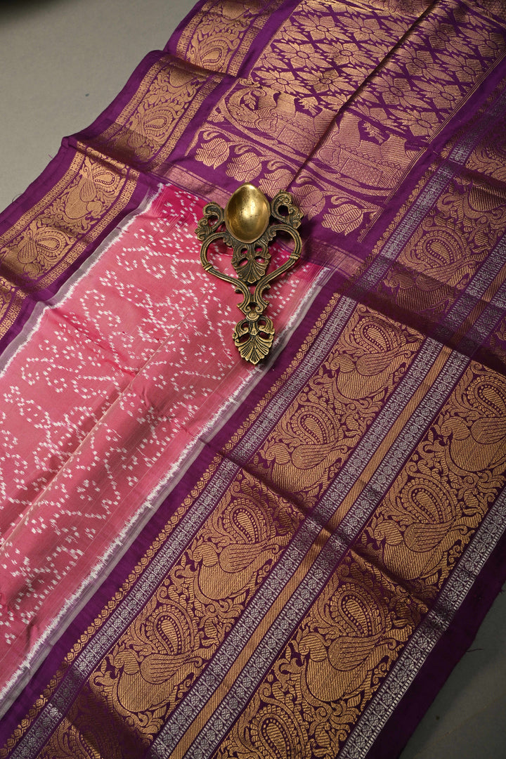 Frost Rose Dual tone Ikkat Kanjivaram Fusion Pure Silk Saree with Twill Design Jaal and Contrast Zari Border  | SILK MARK CERTIFIED | SHOBITAM
