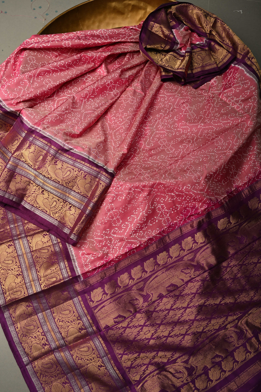 Frost Rose Dual tone Ikkat Kanjivaram Fusion Pure Silk Saree with Twill Design Jaal and Contrast Zari Border  | SILK MARK CERTIFIED | SHOBITAM