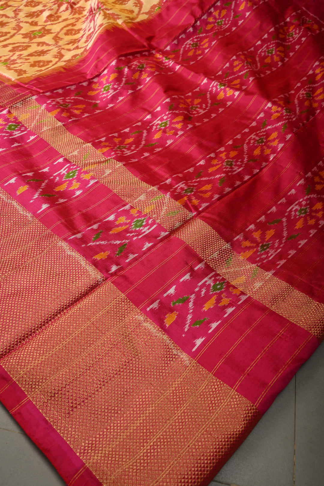 Light Orange Pochampally Ikkat Pure Silk Saree with Brocade and Birds Panel Design on Contrast Zari Border  | SILK MARK CERTIFIED | SHOBITAM