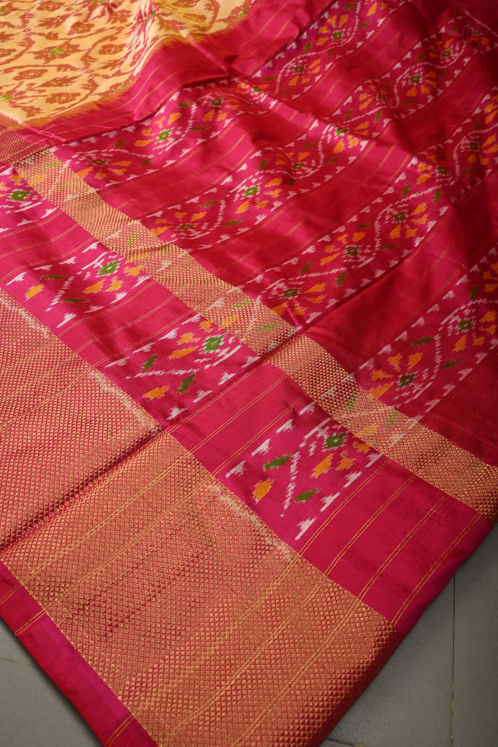 Light Orange Pochampally Ikkat Pure Silk Saree with Brocade and Birds Panel Design on Contrast Zari Border  | SILK MARK CERTIFIED | SHOBITAM