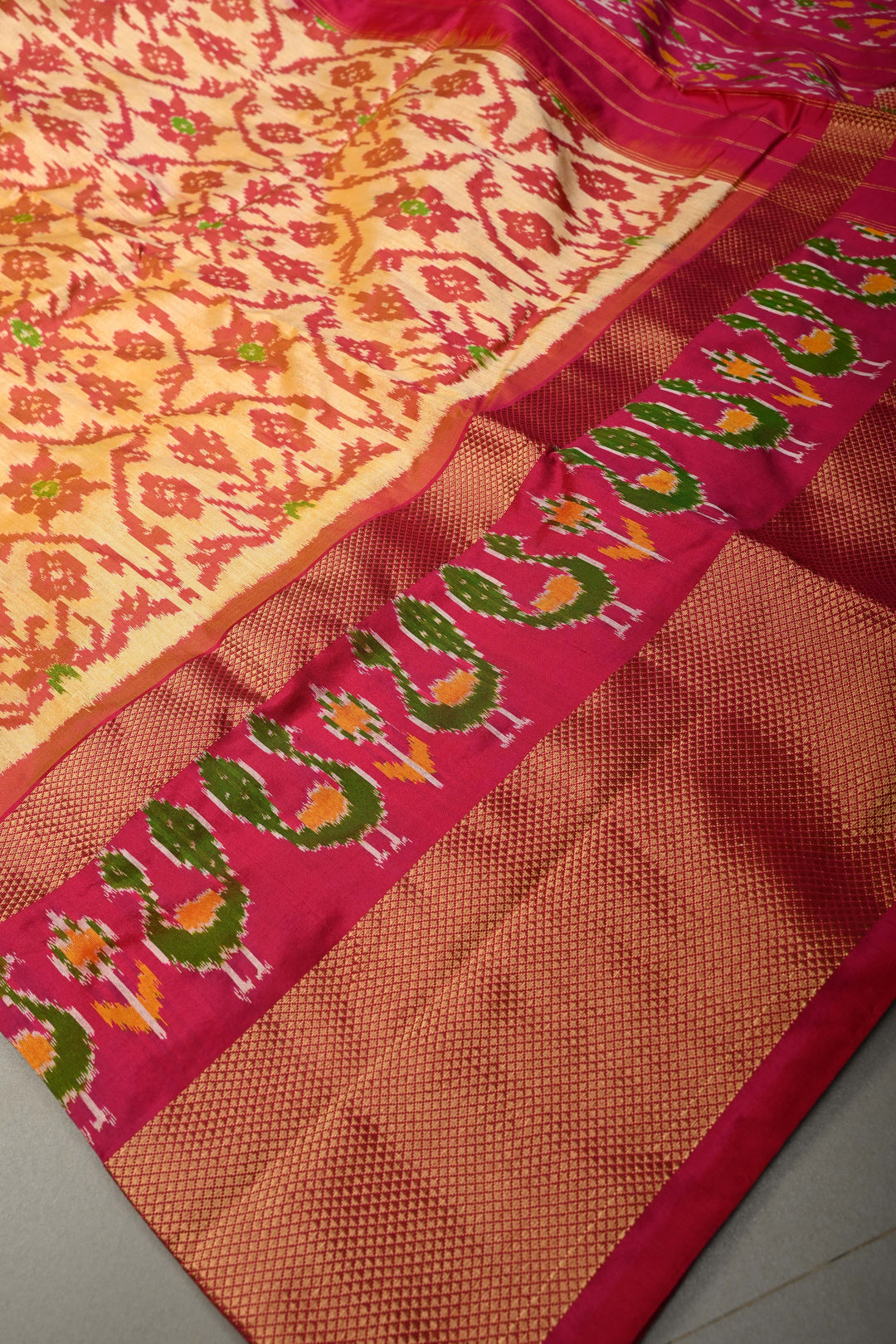 Light Orange Pochampally Ikkat Pure Silk Saree with Brocade and Birds Panel Design on Contrast Zari Border  | SILK MARK CERTIFIED | SHOBITAM