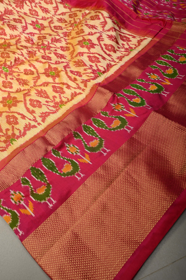 Light Orange Pochampally Ikkat Pure Silk Saree with Brocade and Birds Panel Design on Contrast Zari Border  | SILK MARK CERTIFIED | SHOBITAM