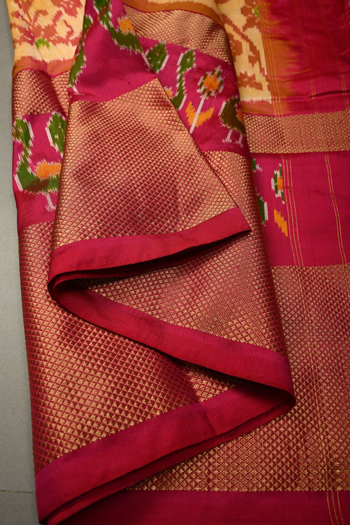 Light Orange Pochampally Ikkat Pure Silk Saree with Brocade and Birds Panel Design on Contrast Zari Border  | SILK MARK CERTIFIED | SHOBITAM