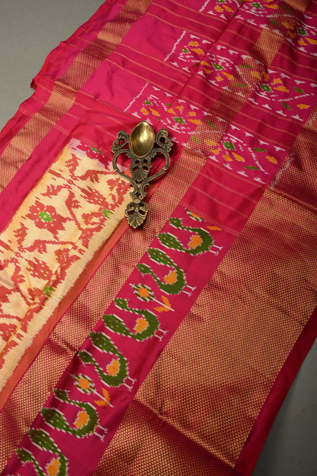 Light Orange Pochampally Ikkat Pure Silk Saree with Brocade and Birds Panel Design on Contrast Zari Border  | SILK MARK CERTIFIED | SHOBITAM