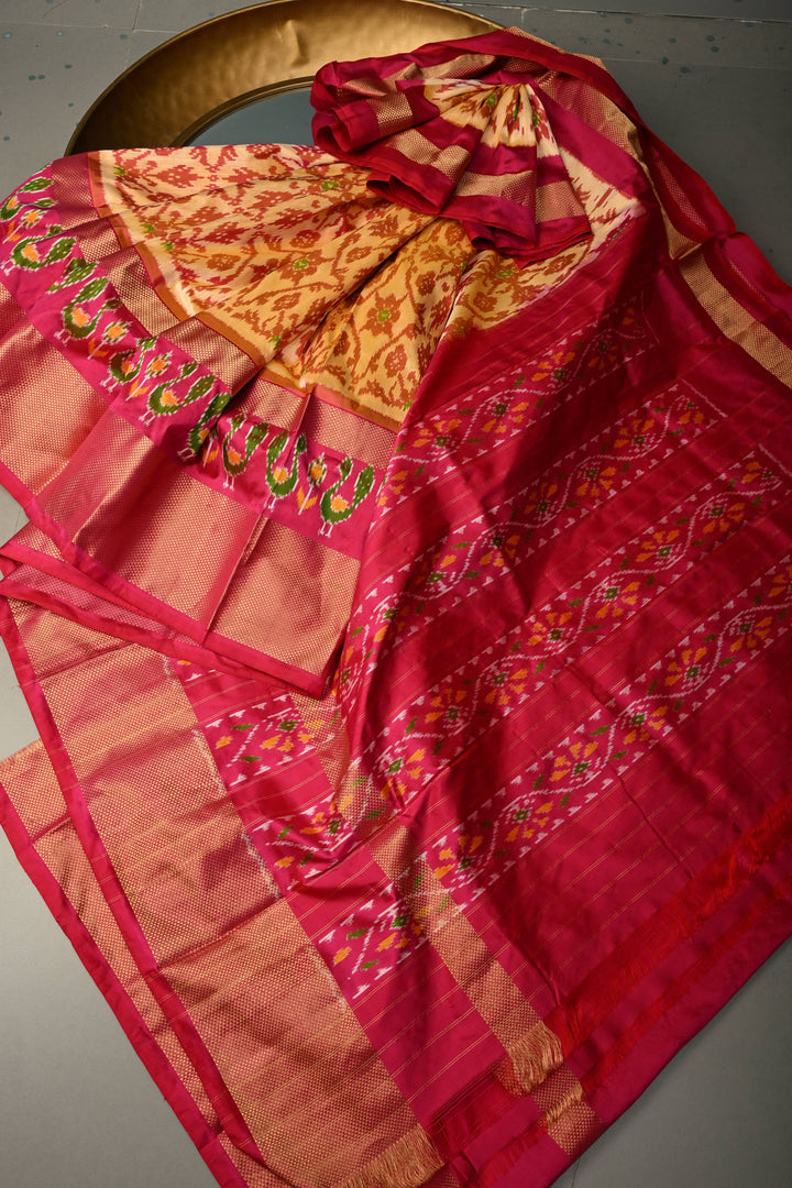 Light Orange Pochampally Ikkat Pure Silk Saree with Brocade and Birds Panel Design on Contrast Zari Border  | SILK MARK CERTIFIED | SHOBITAM