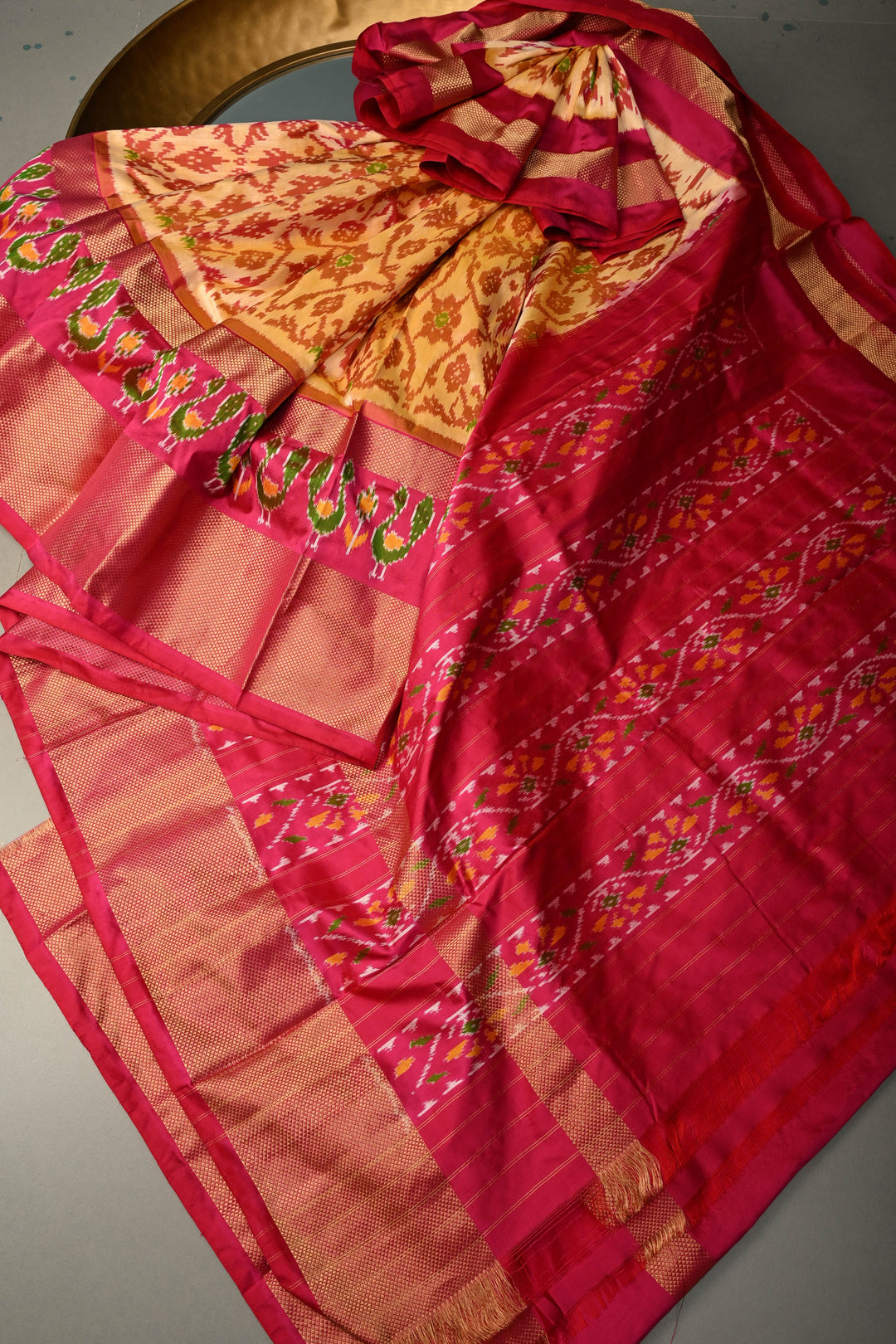 Light Orange Pochampally Ikkat Pure Silk Saree with Brocade and Birds Panel Design on Contrast Zari Border  | SILK MARK CERTIFIED | SHOBITAM