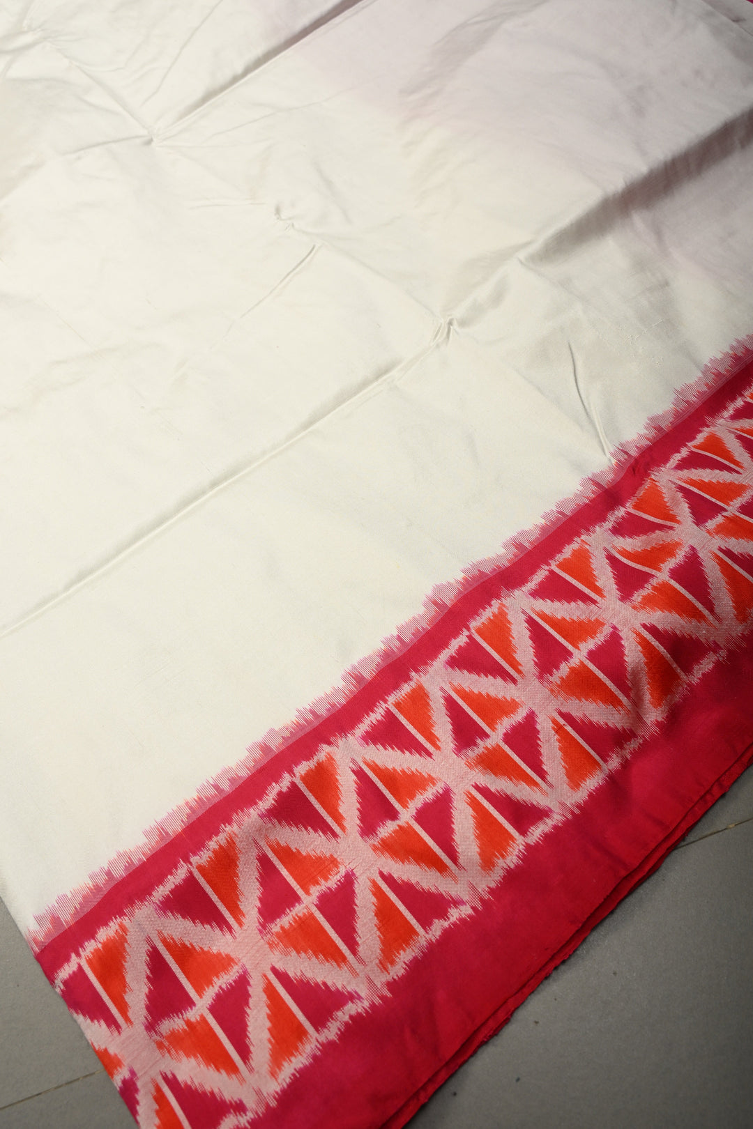 White Pochampally Ikkat Pure Silk Saree with Red-Pink Contrast Geometric Borders and Pallu | SILK MARK CERTIFIED | SHOBITAM