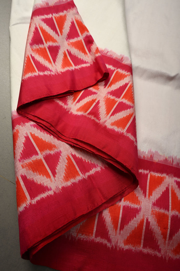 White Pochampally Ikkat Pure Silk Saree with Red-Pink Contrast Geometric Borders and Pallu | SILK MARK CERTIFIED | SHOBITAM