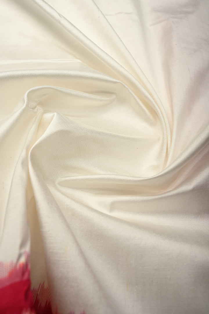 White Pochampally Ikkat Pure Silk Saree with Red-Pink Contrast Geometric Borders and Pallu | SILK MARK CERTIFIED | SHOBITAM