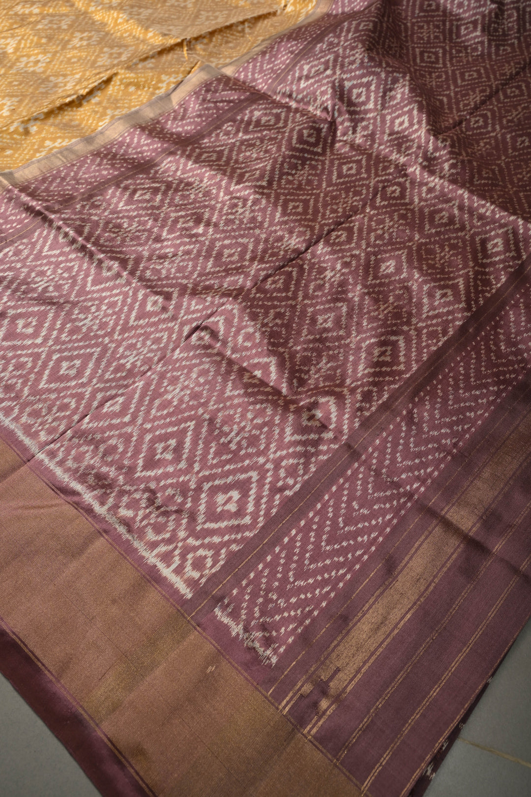 Methi Yellow Pochampally Ikkat Pure Silk Saree with Panel Design Zari Borders  | SILK MARK CERTIFIED | SHOBITAM