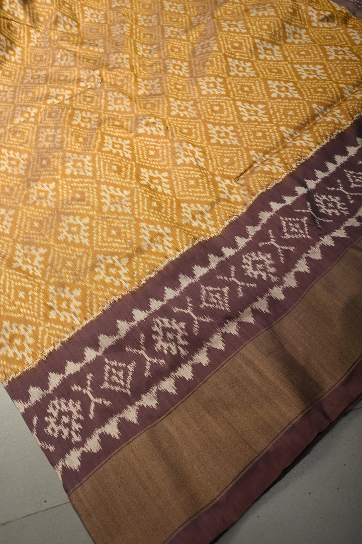 Methi Yellow Pochampally Ikkat Pure Silk Saree with Panel Design Zari Borders  | SILK MARK CERTIFIED | SHOBITAM