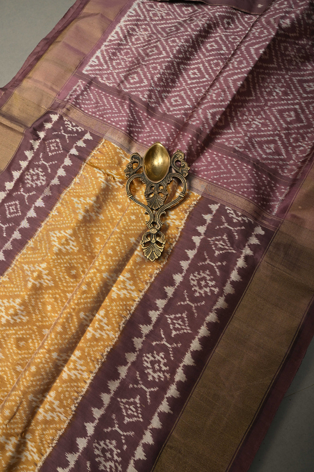 Methi Yellow Pochampally Ikkat Pure Silk Saree with Panel Design Zari Borders  | SILK MARK CERTIFIED | SHOBITAM