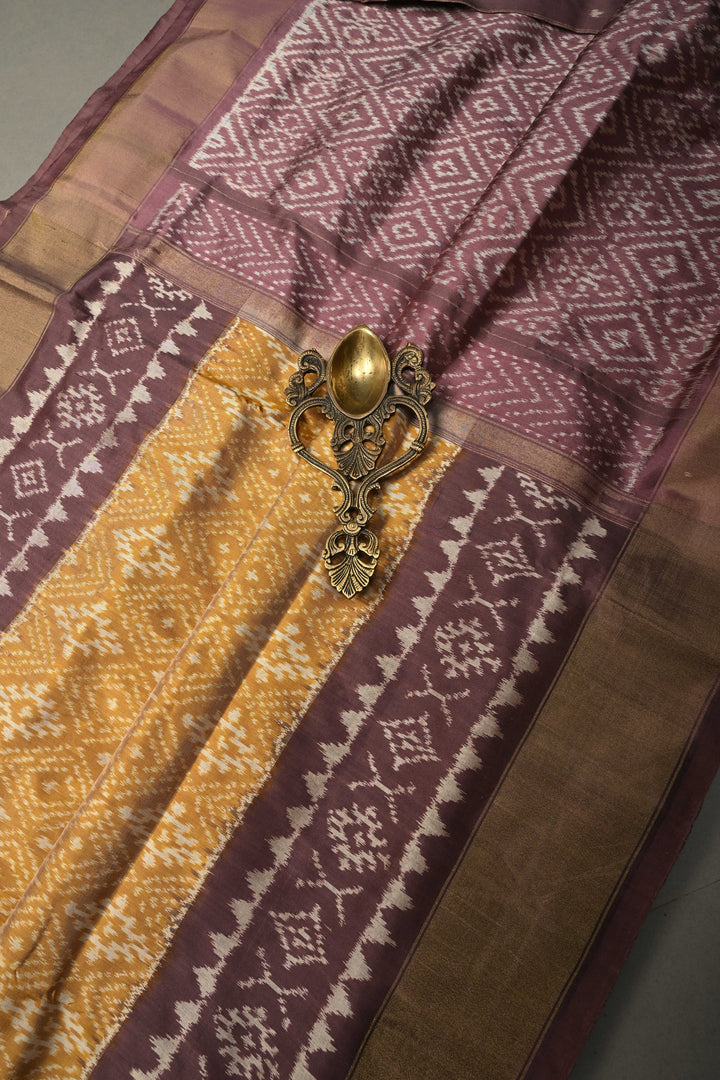 Methi Yellow Pochampally Ikkat Pure Silk Saree with Panel Design Zari Borders  | SILK MARK CERTIFIED | SHOBITAM