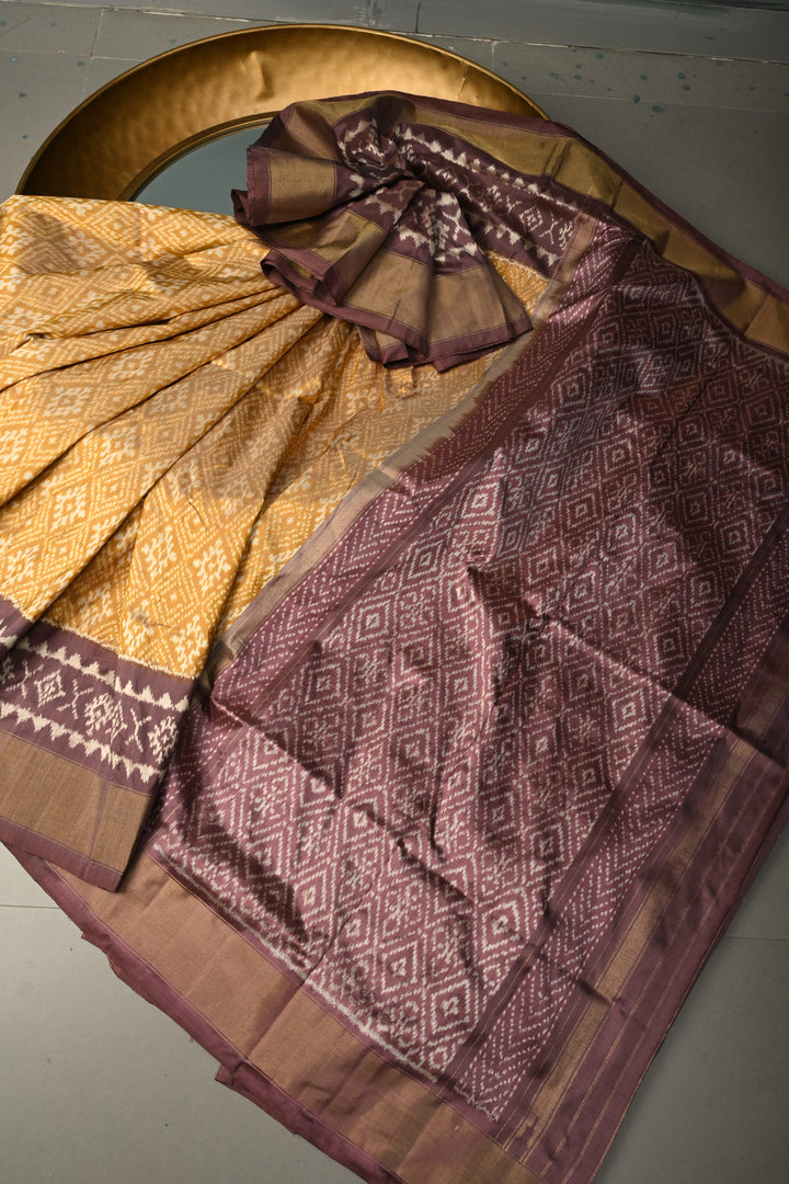 Methi Yellow Pochampally Ikkat Pure Silk Saree with Panel Design Zari Borders  | SILK MARK CERTIFIED | SHOBITAM