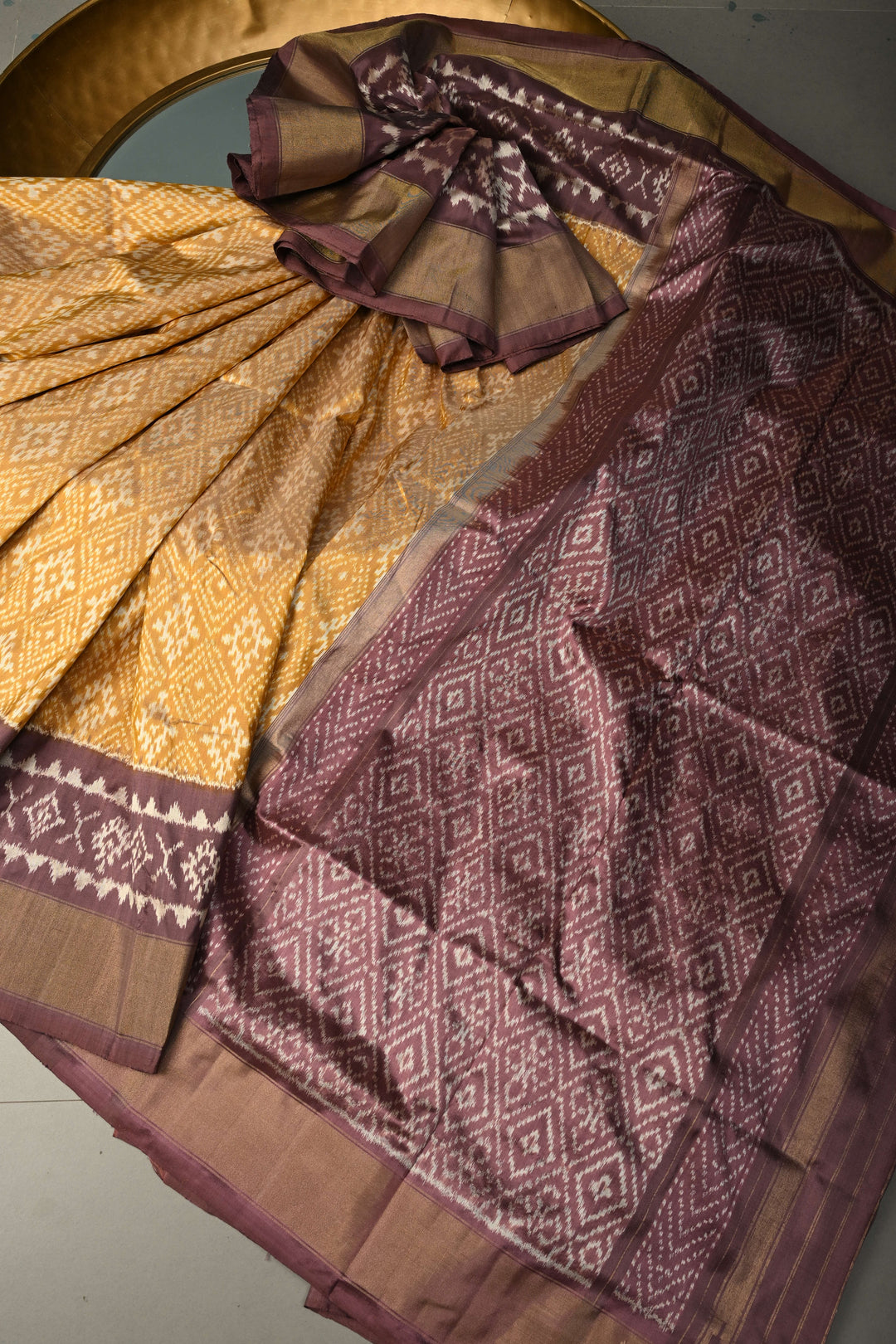 Methi Yellow Pochampally Ikkat Pure Silk Saree with Panel Design Zari Borders  | SILK MARK CERTIFIED | SHOBITAM