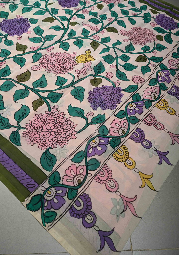 Large Floral Theme : Ivory Authentic Pen Kalamkari Handpainted on Pure Georgette Silk Saree With Contrast Ollive Green Border | SILK MARK CERTIFIED | SHOBITAM