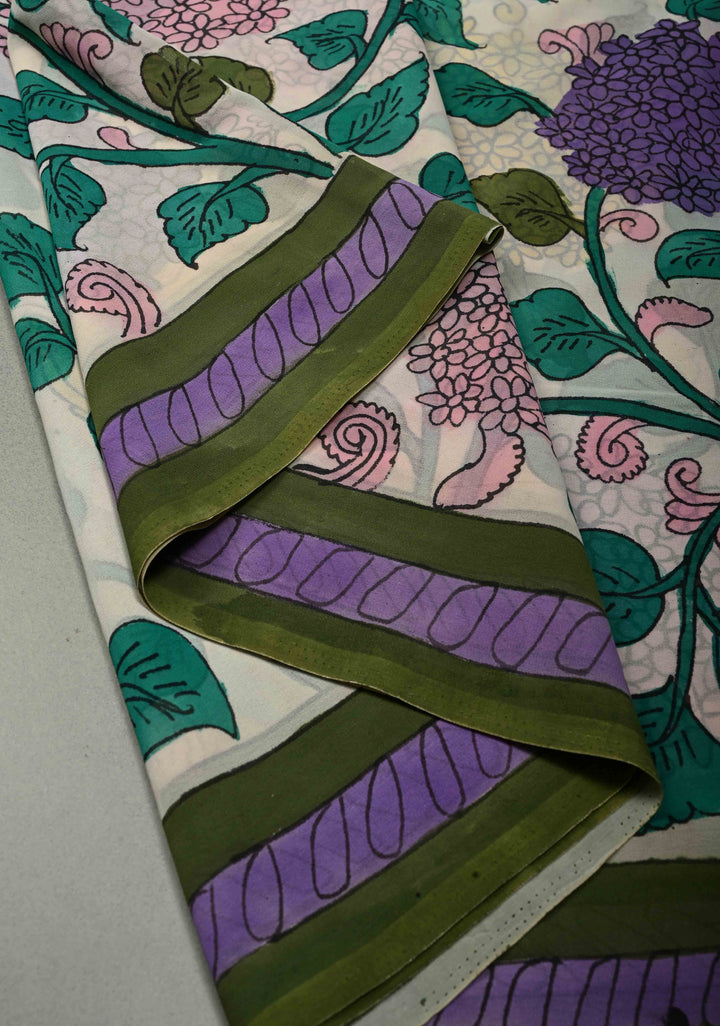 Large Floral Theme : Ivory Authentic Pen Kalamkari Handpainted on Pure Georgette Silk Saree With Contrast Ollive Green Border | SILK MARK CERTIFIED | SHOBITAM