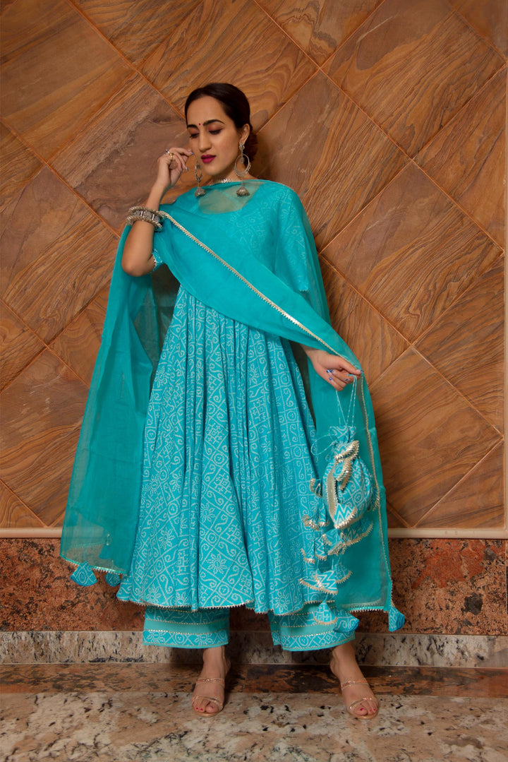 BANDHEJ BLUE COTTON ANARKALI SET | SHOBITAM