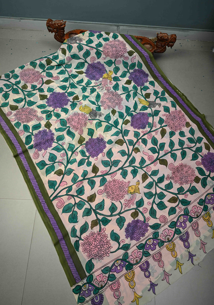 Large Floral Theme : Ivory Authentic Pen Kalamkari Handpainted on Pure Georgette Silk Saree With Contrast Ollive Green Border | SILK MARK CERTIFIED | SHOBITAM