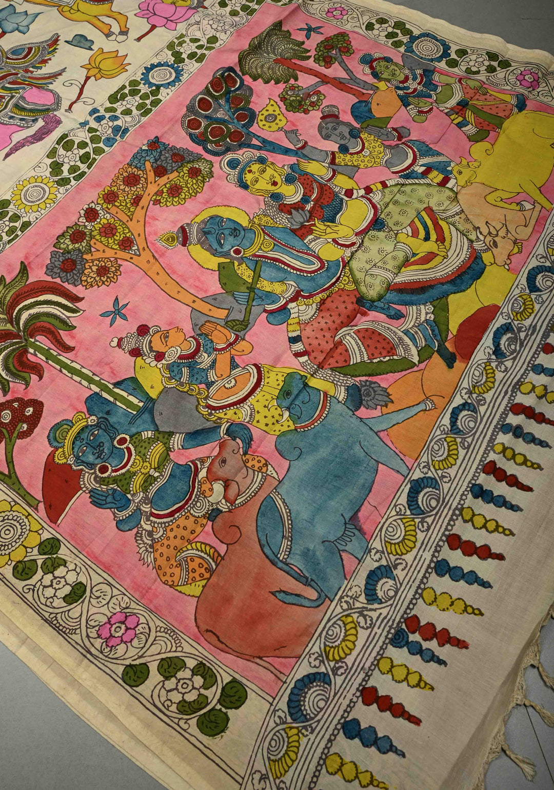 Krishna Rasa Leela Theme  : Authentic Pen Kalamkari on Pure Mangalagiri Silk Cotton Saree with Border | SHOBITAM
