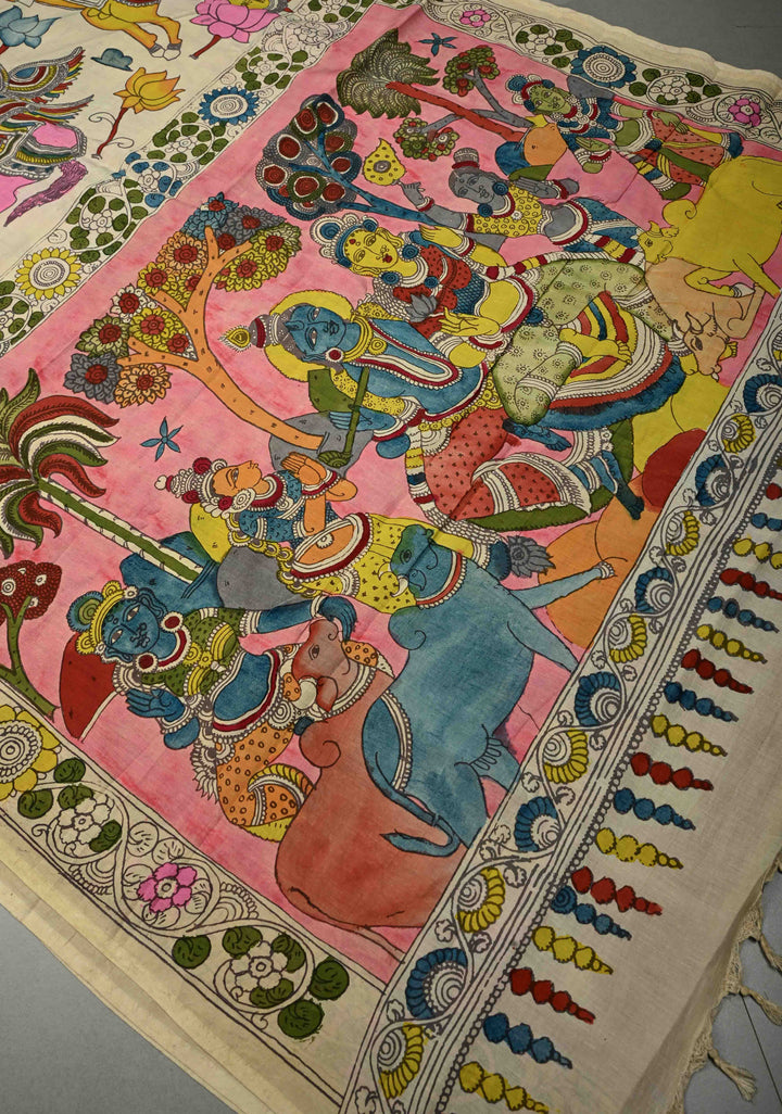 Krishna Rasa Leela Theme  : Authentic Pen Kalamkari on Pure Mangalagiri Silk Cotton Saree with Border | SHOBITAM
