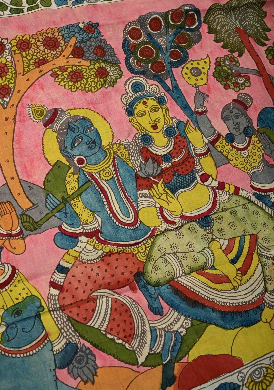 Krishna Rasa Leela Theme  : Authentic Pen Kalamkari on Pure Mangalagiri Silk Cotton Saree with Border | SHOBITAM