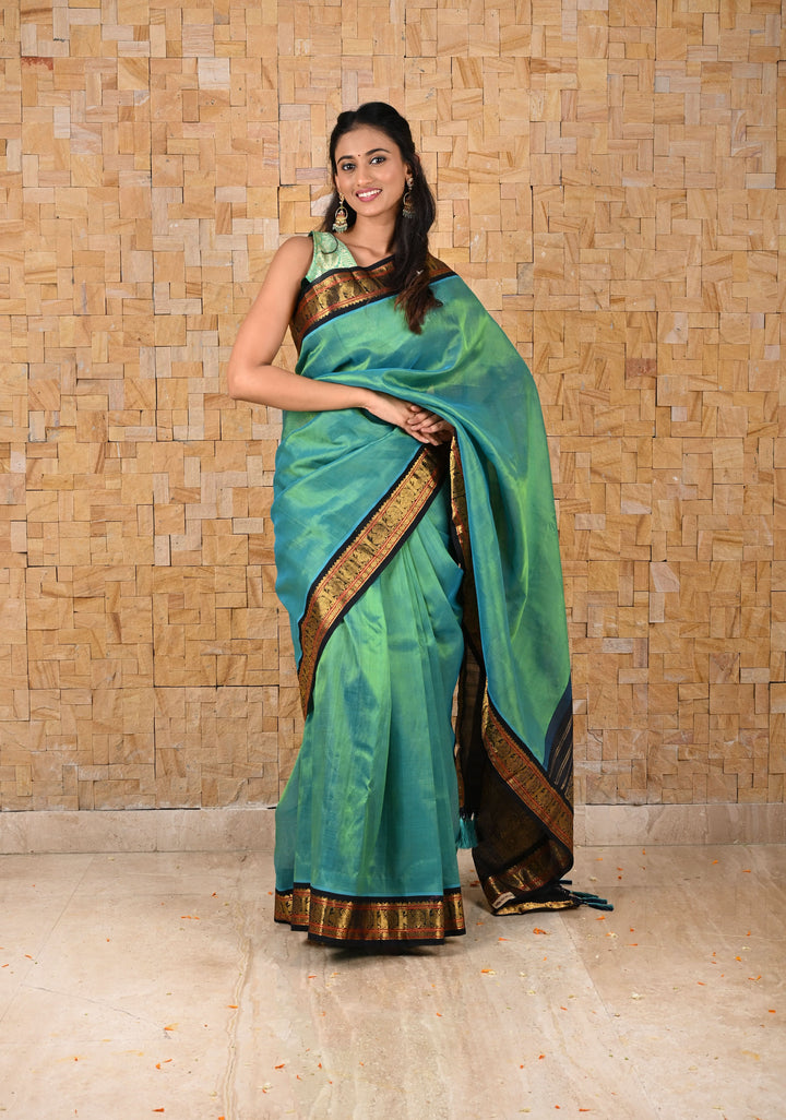 Blue Green Dual Tone Korvai Handloom Weave Kanchi Silk Cotton Saree with Contrast Borders