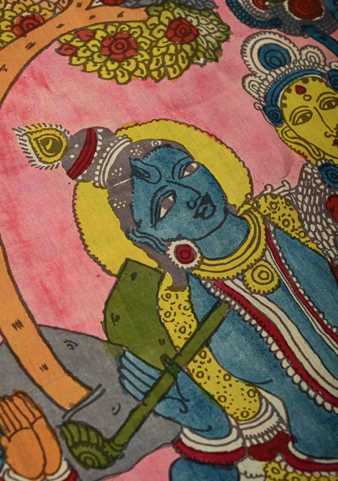 Krishna Rasa Leela Theme  : Authentic Pen Kalamkari on Pure Mangalagiri Silk Cotton Saree with Border | SHOBITAM