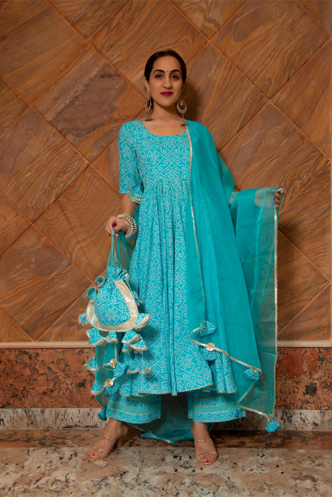 BANDHEJ BLUE COTTON ANARKALI SET | SHOBITAM